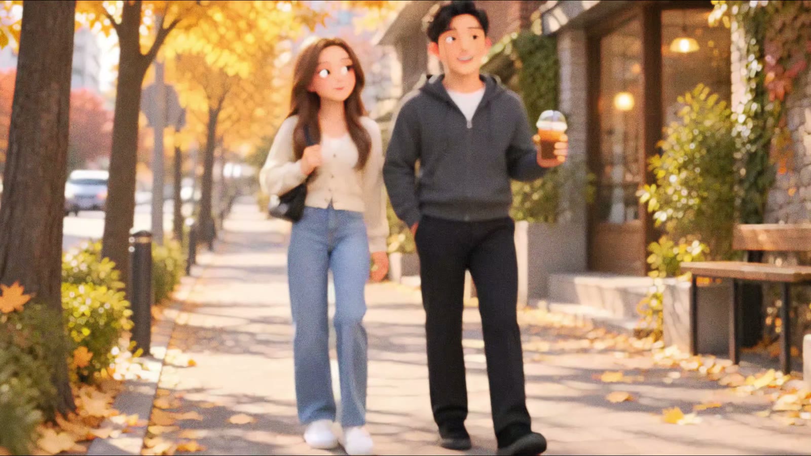 An animated couple walking under autumn trees
